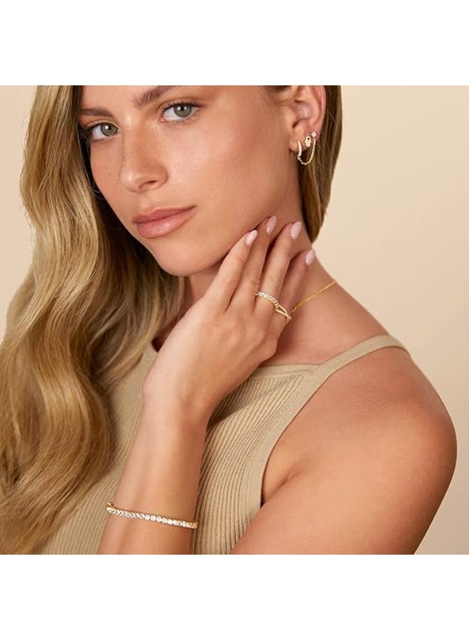 Ucanbe 14K Gold Chain Earrings for Women – Double Piercing Dangle Chain Huggie Hoop with CZ Pearl Stud Ear Cuff - Image 2